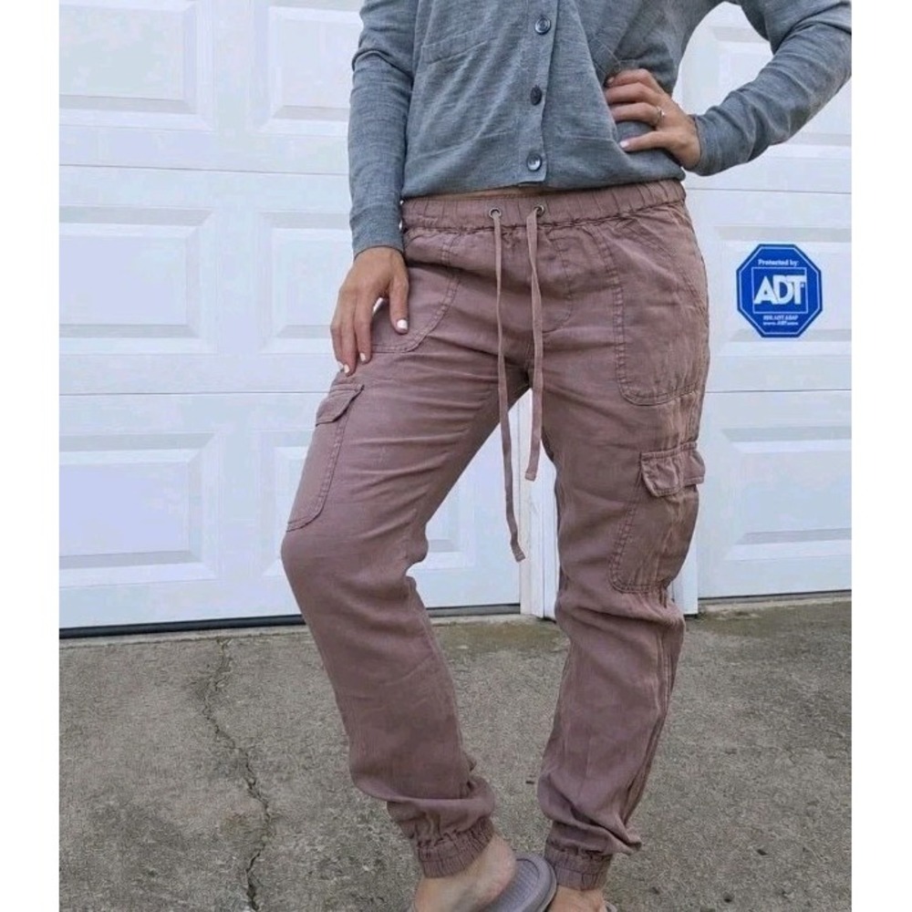Nicole Miller New York 100% Linen Cargo Jogger Pants Brown Womens XS Beige